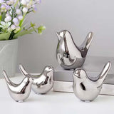 Set van 2 vogelbeelden, moderne dierensculpturen, keramische huissculptuur decoratie voor ornamenten in de woonkamer, slaapkamer, kantoor, bureau en kasten (zilver)