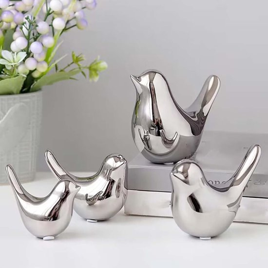 Set van 2 vogelbeelden, moderne dierensculpturen, keramische huissculptuur decoratie voor ornamenten in de woonkamer, slaapkamer, kantoor, bureau en kasten (zilver)