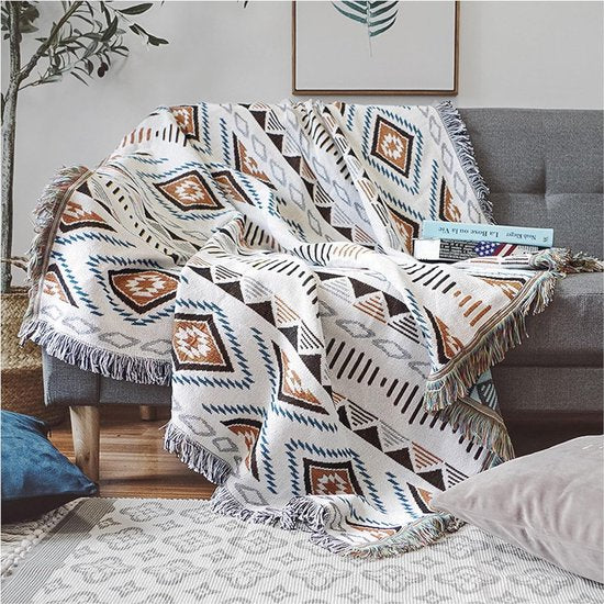Deken, bankdeken met kwast, bankovertrek, gebreide knuffeldeken, bedworp, Azteekse etnische stijl, deken, voor thuis, kantoor, reizen, tenten (geometrisch patroon, 180 x 230 cm)