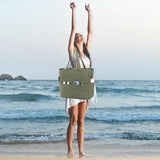 Grote strandtas met ritssluiting dames waterdichte schoudertas draagtas shopper zanddicht met ritssluiting zwembad fitness reistas familie, legergroen canvas