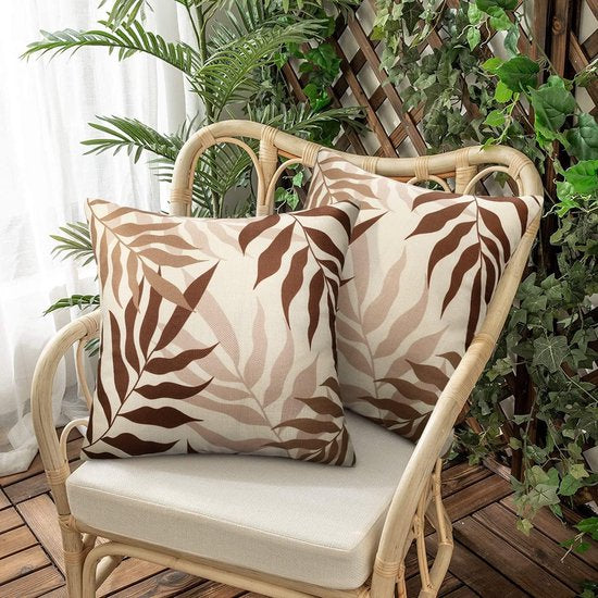 Bruine kussensloop, voor buiten, waterdicht, bankkussen, waterdicht, sierkussen, kussenslopen, bruin-grijze bladeren, decoratief kussen van vlas, voor tuin, bank, woonkamer, set van 2, 50 x 50 cm, kussensloop