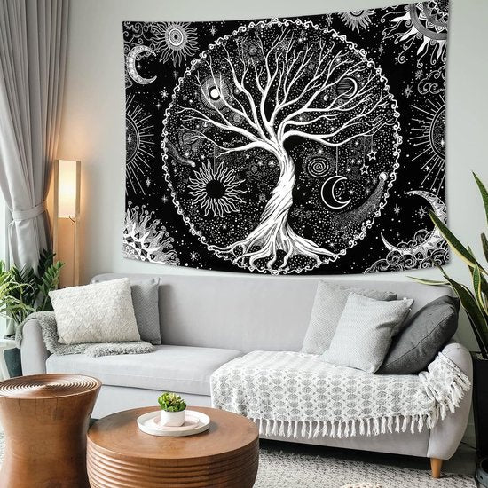 Tree of Life Tapestry Black White Sun Moon Tapestry Galaxy Space Tapestry Black Aesthetic Tapestry Wall Hanging for Bedroom M/130cmx150cm