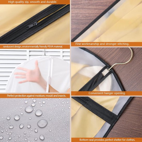 Kledingzakken, pak van 12 stuks, lang, 60 x 120/100 cm, zwarte rand, transparant, kostuumzak, kledinghoes, kostuumzak, avondjurk, bruidsjurk, mantels, overhemden, mottenbescherming, waterdicht, herbruikbaar
