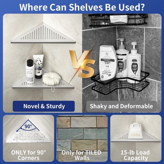 Hoekplank, doucheplank, 304 roestvrij staal, zonder boren, voor badkamer, shampoohouder, organizer, vierkant gat 253 x 253 x 355 mm, geborsteld