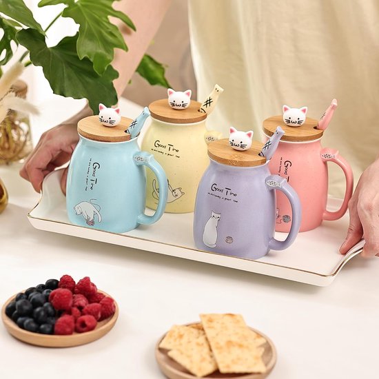 Kat mok set van 2 schattige kat theekop koffiemok keramiek met Kawaii deksel schattige kopjes voor kattenliefhebbers 450 ml kerst verjaardag kat cadeau mok (roze en geel)