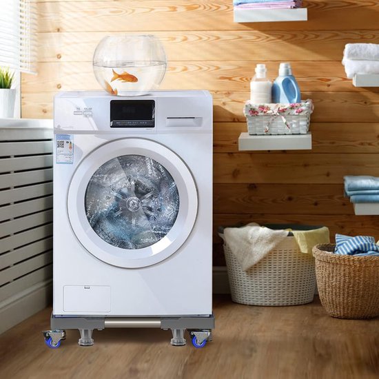 Onderstel voor wasmachine, dubbele buizen, 8 poten en 4 wielen voor wasmachine, koelkast en droger, verstelbare wasmachinesokkel met antislip schokdempingsfunctie
