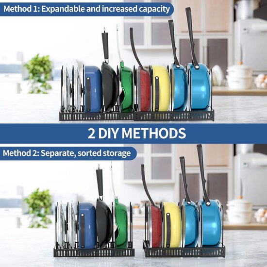 Potdekselhouder, uitbreidbare dekselhouder Lade Potdekselhouder met 10 verstelbare verdelers Pannenhouder Potdekselhouder Lade voor potdeksels, snijplanken, pannen