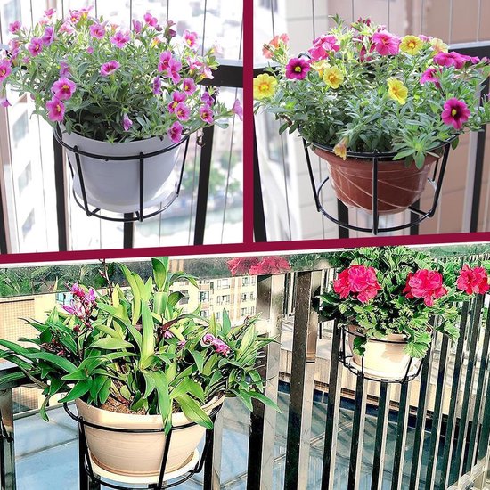 4-pack ronde hangende plantenbakken met reling bloempothouder metalen pot plantenmand plank container voor binnen buiten (zwart)