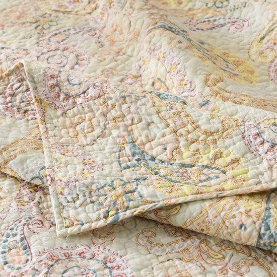 sprei van katoen 220x240cm, sprei 230x250 voor tweepersoonsbed met geel paisley bloemenpatroon, all-season deken, banksprei, gewatteerde deken met 2 kussenslopen