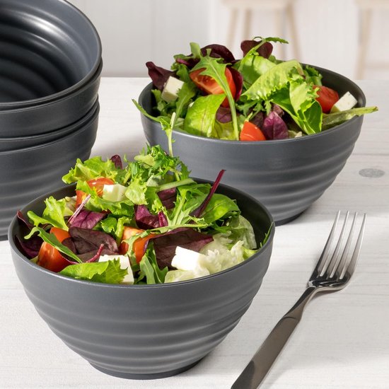 Salad bowls set 8-delig, gemaakt van kunststof, BPA-vrij, 2 x 3,35 + 6 x 0,84 l | antraciet zwart.