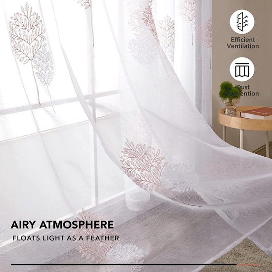 Gordijnen Transparant met Ringen, Doorschijnend Gordijnen Bladeren Roze+Wit Gordijnen voor Kinderen Kamer Slaapkamer, 140x290 cm (B x H), set van 2