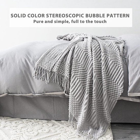 Gebreide deken met kwast, effen, bubbelpatroon, knuffeldeken, gebreide deken, sprei, bankdeken, decoratieve deken voor bank, bed, 170 x 130 cm