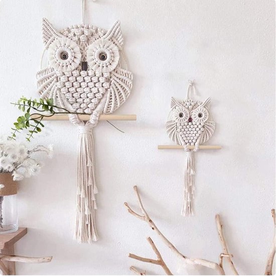 2 x Uil Macrame Muuropknoping Wanddecoratie Handgemaakt Boho Ornament Muurkunsthanger Woondecoratie Kantoor Woonkamer Slaapkamer Kinderkamer Ambachtelijke Decoraties