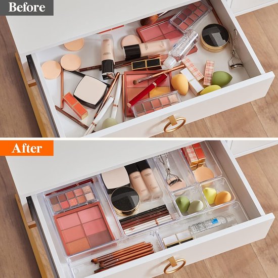 11 stuks lade-organizer van helder kunststof, bureau-ladeverdeler, tablets, commode, opbergdozen, scheidingsdoos voor make-up, sieraden en gadgets, slaapkamer, badkamer, kantoor