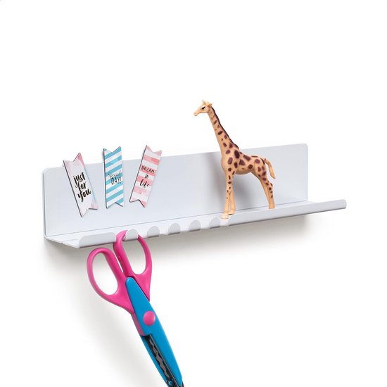 Wandplank 30 x 6 x 6 cm met 5 haken en kabelhouders, gemaakt van gepoedercoat plaatstaal. Inclusief sleutelrek-organizer en letters voor entree, keuken, kantoor. Kleur: wit.