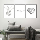 3-delige premium posterset, hand in hand, lijn liefde, modern, zwart, wit, liefde, foto's, wandfoto's, posterset voor woonkamer, slaapkamer, decoratie, zonder lijst (40 x 50 cm)