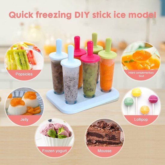 Pak van 12 ijsvormpjes, ijslollyvormpjes, herbruikbare BPA-vrije ijsvormpjes, 6 kleine en 6 grote ijsvormpjes, ijslollyvormpjes set met 12 plastic stokjes
