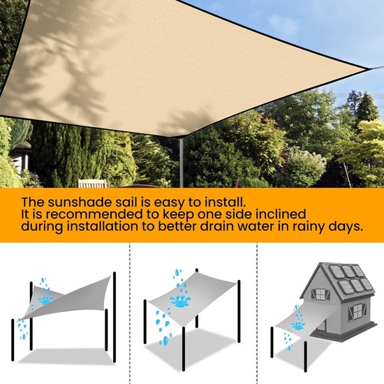 Zonnezeil, rechthoekig, 2 x 3 m, zonnezeil, vierkant, waterdicht, zonwering met inslagringen en bevestigingskoord, voor tuin, terras, camping, buiten, weerbescherming, 95% uv-bescherming, PES