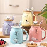 Kat mok set van 2 schattige kat theekop koffiemok keramiek met Kawaii deksel schattige kopjes voor kattenliefhebbers 450 ml kerst verjaardag kat cadeau mok (roze en geel)