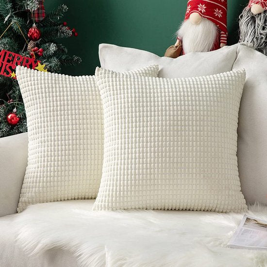 MIULEE Zachte, effen, decoratieve, vierkante corduroy kussensloop met grote maïskorrels, gestreepte, dikke kussenhoes voor sofa, slaapkamer, 18 x 18 inch, 45 x 45 cm, set van 2, wit