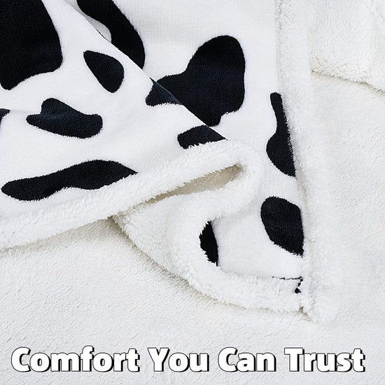 Sherpa Deken, knuffeldeken, extra dikke warme bankdeken, bankdeken in tweezijdig, super fleece deken als bankplaid of woonkamerdeken, 150 x 130 cm, koeienprint