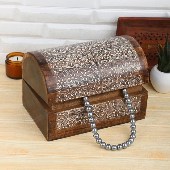 Indiaas mangohout sieraden-opbergdozen, organizer, handgesneden, met bloemenmotieven