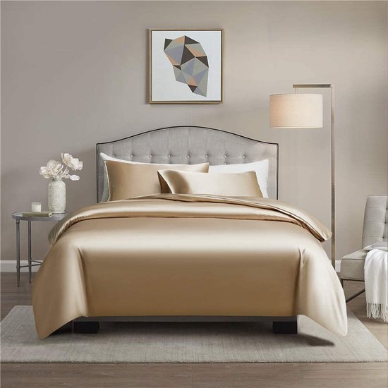 Satijnen beddengoedset, 135 x 200 cm, goudkleurig, 2-delig, luxe, aangenaam dekbedovertrek met ritssluiting en kussensloop 80 x 80 cm
