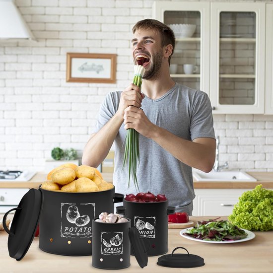 3-pack aardappelbewaardoos, veelzijdige aardappelpottenset met ventilatiesysteem houdt groenten langer vers, ideaal voor uienopslag en aardappelopslag (zwart)