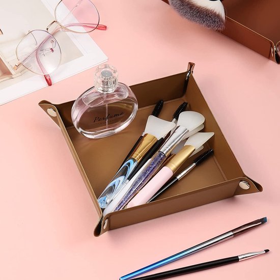 Valet Tray, Mens Women PU Leather Tray Catchall Tray Desktop Jewelry Storage Tray for Wallet Coin Phone, Key Tray for Entryway Table Bathroom, Brown