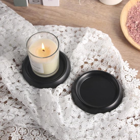 Onderzetters, 2 stuks, metaal, zwart, drankonderzetters, kaarsenhouder, kaarsenbord voor stompkaarsen, koffiekopjes, glazen, 7,5 cm kandelaar