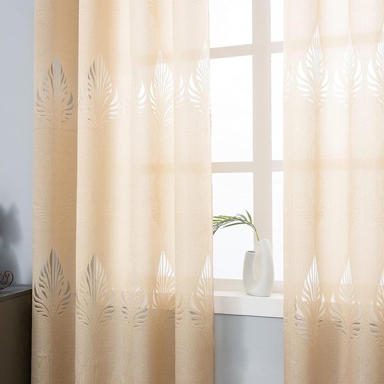 Gordijngordijn, bladeren, jacquard winkel, gordijnen, semi-transparant, stof, voile, decogordijn, lichtdoorlatend, raamgordijn, gordijn met ogen, zacht, 140 x 245 (b x h) cm, beige (1 stuk)