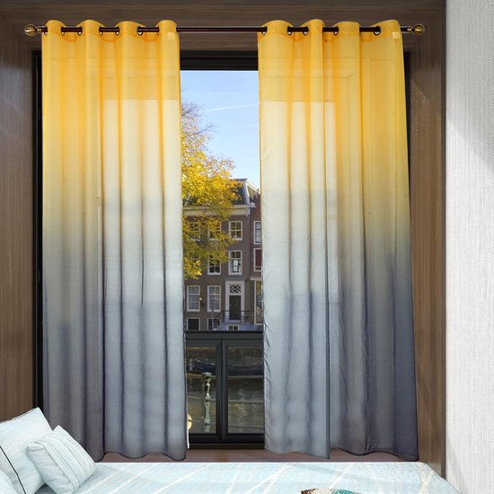 Set van 2 gordijnen met kleurverloop, transparante gordijnen, linnen, decoratieve vitrage voor woonkamer, slaapkamer, raamdecoratie voor het raam, 135 x 240 cm (b x h), geel en grijs