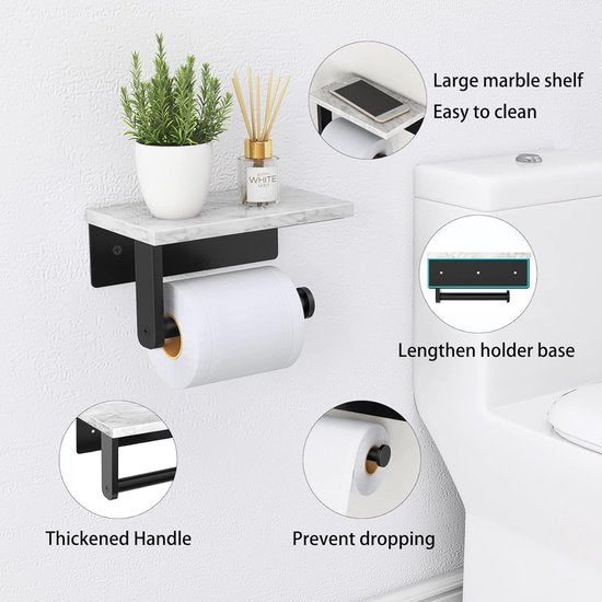 Marble Toilet Roll Holder with Shelf, 304 Stainless Steel Screw Wall Mounted, Paper Roll Holder for Bathroom Washroom, Matte Black