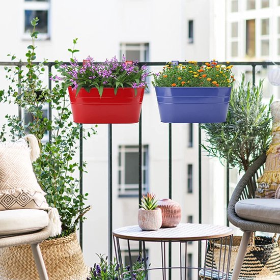 4 x metalen hangende bloempotten, 27,5 cm bloempotten, plantenpotten, hangende bloemenemmer, plantenbak om op te hangen met verwijderbare haak voor balkon, hek, tuin (4 kleuren)