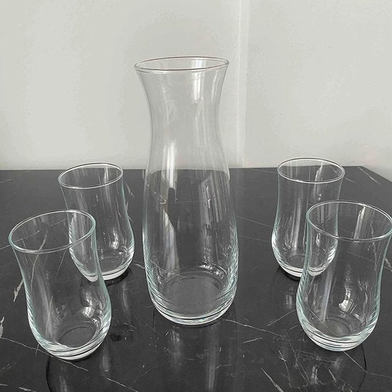 Waterkaraf set 5 stuks 4 glazen en 1 karaf 1200ml stijlvol design, transparant, zeer resistent glas, drankenservice water drank presentatieset eetkamer, party catering set