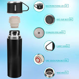 Zwarte thermosfles van roestvrij staal met deksel en 2 bekers - 500 ml dubbelwandige thermoskan met beker - lekvrije thermosfles voor warme en koude dranken