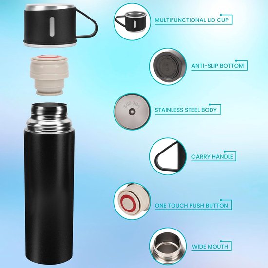 Zwarte thermosfles van roestvrij staal met deksel en 2 bekers - 500 ml dubbelwandige thermoskan met beker - lekvrije thermosfles voor warme en koude dranken