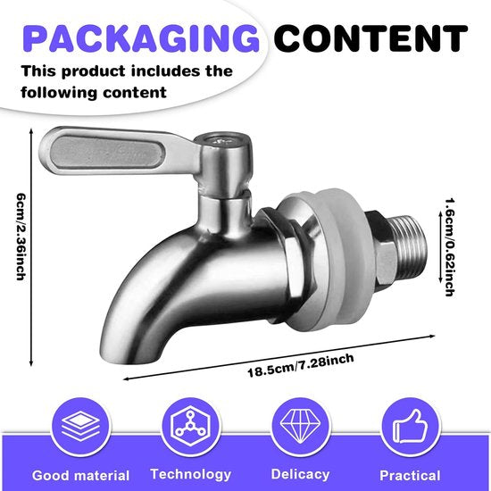 2 stuks roestvrijstalen drankdispenser, tapkraan: reservekraan voor drankdispenser, biertapkraan, waterdispenser, reservekap, drankdispenser, tapkraan voor wijn, bier, sap, koffie (16 mm)