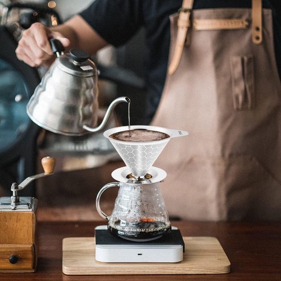 Over koffiefilter, herbruikbare roestvrijstalen permanente koffiezeef, papierloze permanente koffiezeef, metalen kegel- koffiefilter met sokkel en reinigingsborstels