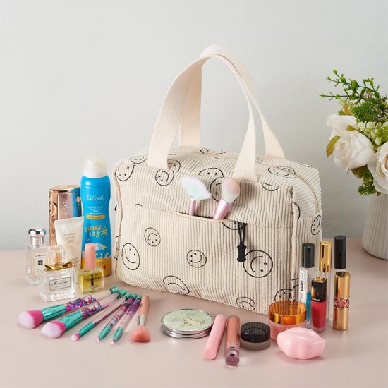 Toilettas Koord Dames Grote Cosmetische Tas Koord Make-up Tas Koord Cosmetische Tas met Glimlach Corduroy Cosmetische Tas Reizen Cosmetische Tas voor Reizen Meisjes Dames, BEIGE-B