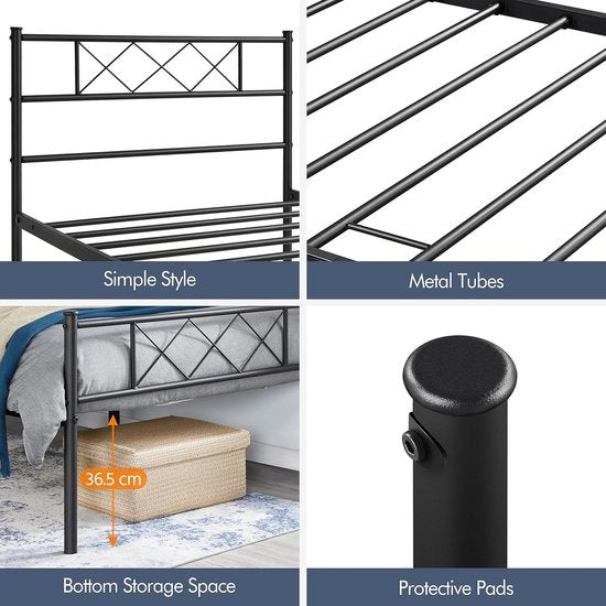 Modern metalen bedframe met lattenbodem, tweepersoonsbedframe met hoofdeinde, logeerbed voor slaapkamer en logeerkamer, 90 x 200 cm, zwart