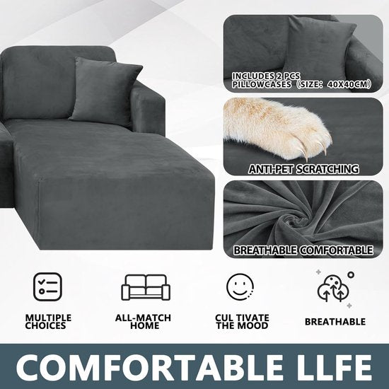 Fluwelen Peninsula bankovertrek, 2-delige bankovertrek links/rechts hoek, Chaise Longue bankovertrek met twee kussenslopen, L-vorm schiereiland bankovertrekken (3-zits + 3-zits, grijs)