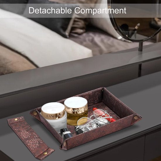 Leeg zakje, dienblad, organizer, opbergdoos, afneembaar, 2 vakken, kunstleer, opbergschaal voor mobiele telefoon, sieraden, sleutels, kleingeld, portemonnee en kantooruitrusting, (vintage bruin)