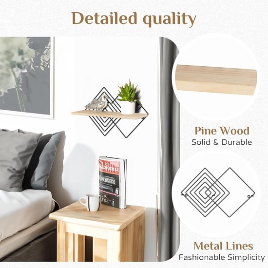 Wandplank Zwart metalen wandplank Set van 2 moderne wandplanken Wanddecoratie Slaapkamer Houten zwevende plank
