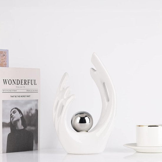 Witte abstracte keramische beelden en sculpturen, witte en zilveren keramische kunstbeelden, moderne woondecoratie voor woonkamer, eettafel, salontafel, plank, entree, desktopsculptuur voor thuis, woondecoratie
