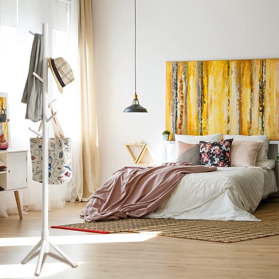 Houten kapstok Vrijstaand, Entryway Hall Tree Coat Boom, Coat Tree met 8 haken, voor thuis- of kantoorkleding, sjaals, handtassen, wit