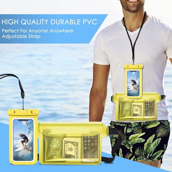 Waterdichte tas heuptas beschermhoes met waterdichte mobiele telefoonhoes, universele strandtas met mobiele telefoonzak, waterdicht voor watersport, strand, zwemmen, varen (geel)