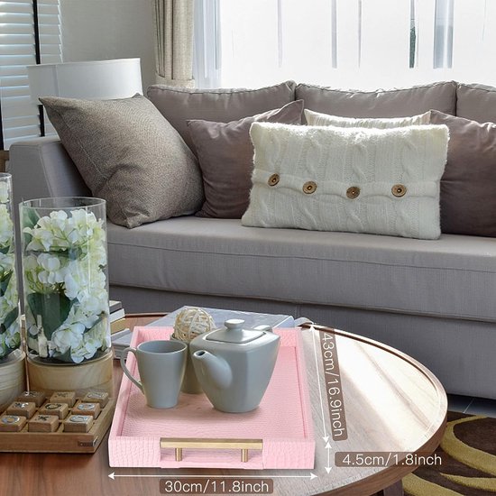 Dienblad van PU-leer, modern, elegant, rechthoekig, decoratief dienblad met metalen handvat, grote capaciteit, lederen serveerplaat voor eten, dranken, sieraden, sleutels, woonkamer, keuken, ijdelheid (krokodil, roze)