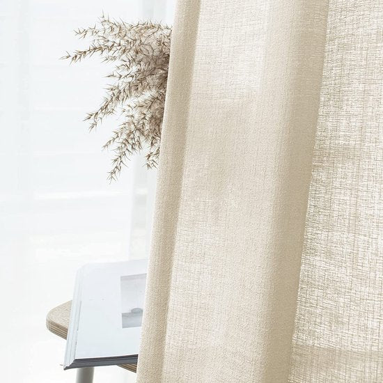 Gordijnen beige transparant linnenlook voile gordijnen voor woonkamer slaapkamer set van 2 225x140cm