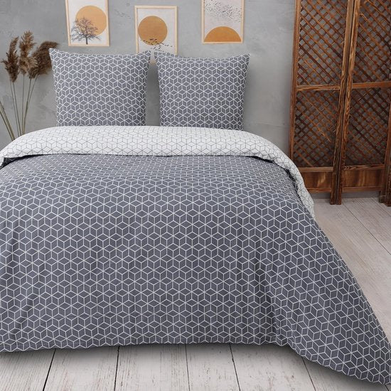 beddengoed 240x220 3-delig grijs - Oeko-TEX 80% katoen & 20% polyester, 1x dekbedovertrek met rits + 2x kussensloop 65x65 met envelopsluiting, puzzelmodel